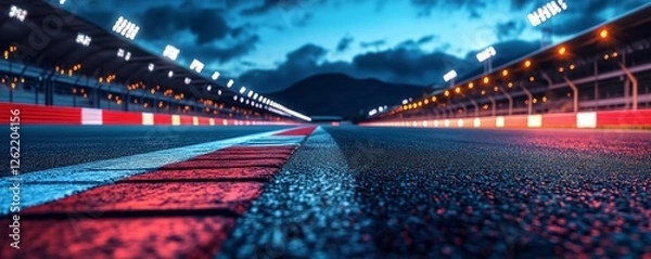 Fototapeta The finish line of an asphalt racetrack and a lighted race stadium at night. professional drawing of racing sports in digital 3D - Generative AI