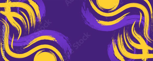 Obraz Purple and yellow abstract sports background with grunge texture, brush stroke and halftone effect