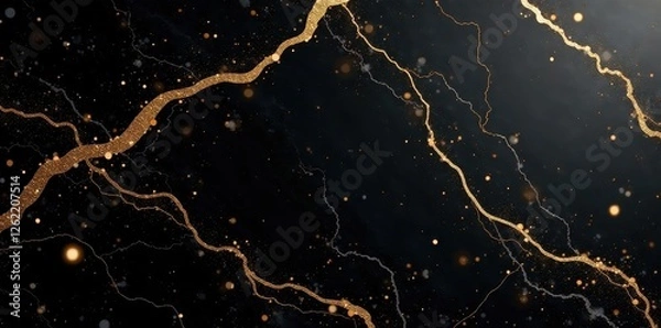 Fototapeta Deep black marble, gold leaf accents, glittering finish Luxurious, high-end abstract , contemporary, elegant