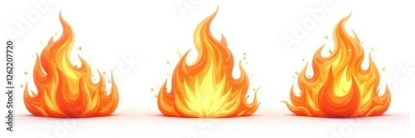 Fototapeta Fiery cutout flames isolated on white background Triple set , yellow, effect, orange