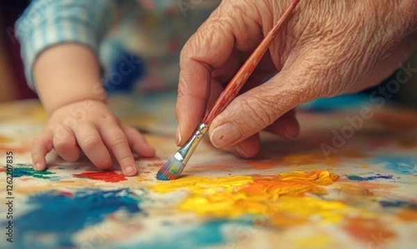 Obraz Tiny fingers trace weathered lines on a grandparent's hand, bridging the gap between ages through shared laughter and a colorful paintbrush, Generative AI