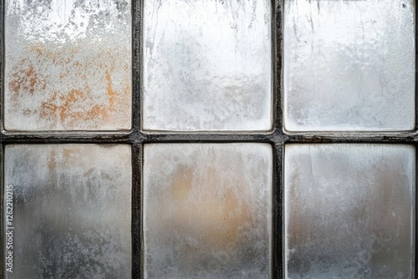 Fototapeta Old window with frost and textured glass is shown