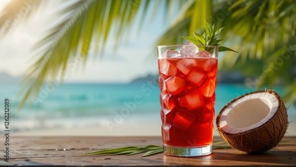 Fototapeta A glass of cold red syrup filled with ice cubes serve on a wooden surface alongside a half-coconut, bathed in the warm sunlight of a tropical beach setting.