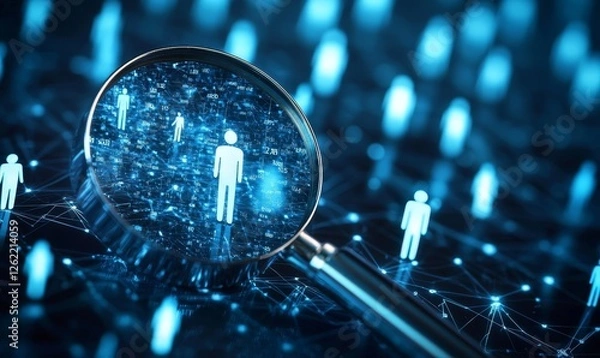 Obraz Magnifier glass of Human Resource Management focus on manager icon among staff icons, symbolic representation of human development, recruitment, leadership, and customer target group, Generative AI