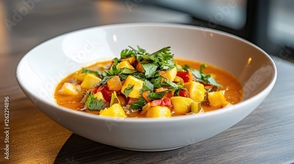 Fototapeta Delicious autumn vegetable stew with butternut squash and fresh herbs in a white bowl