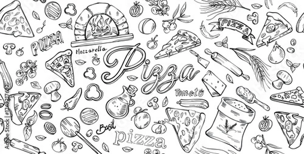 Fototapeta  Pizza Background in Doodle Style. horizontal Hand drawn sketch . set vector illustration