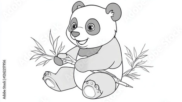 Fototapeta Adorable Cartoon Panda Playing with Bamboo in Black and White