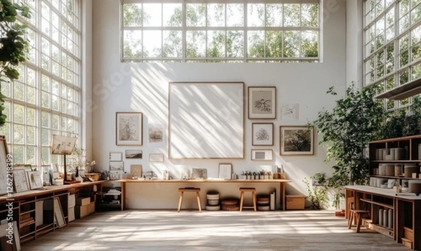 Obraz Light and Airy Studio Floor-to-ceiling windows flood this minimalist artist's studio with natural light. White walls and clean lines provide a blank canvas for, Generative AI