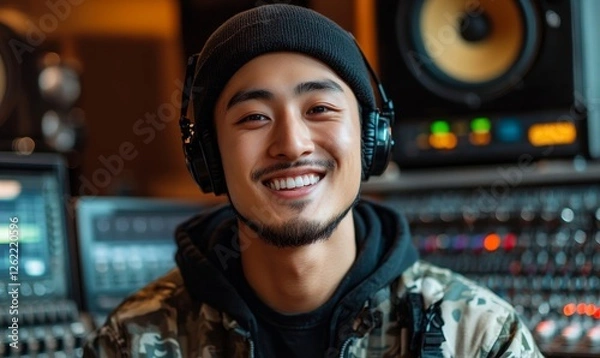 Obraz Young handsome Asian rapper smile at sound engineer studio, Generative AI