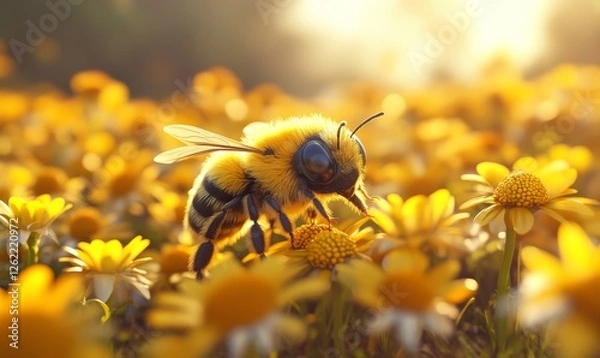 Obraz Bees pollinate food crops cute 3d anime style, Generative AI
