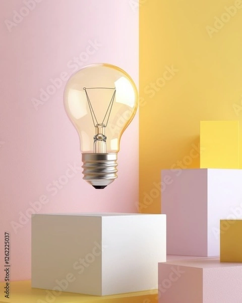 Fototapeta A light bulb floats above pastel cubes against a colorful background, symbolizing creativity and innovation.