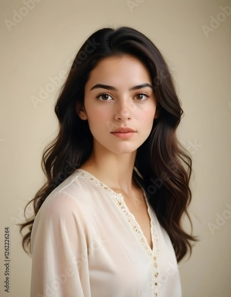 Fototapeta Spanish girl with long hair and calm demeanor, gracefully posed against a plain background