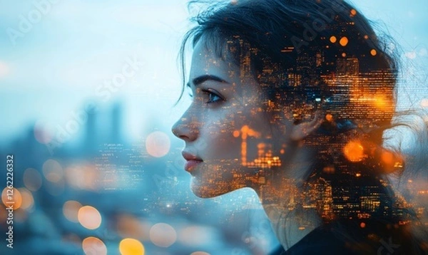 Obraz Double exposure, A woman overlaid with cityscape and data, symbolizing the intersection of urban life and digital information, Generative AI