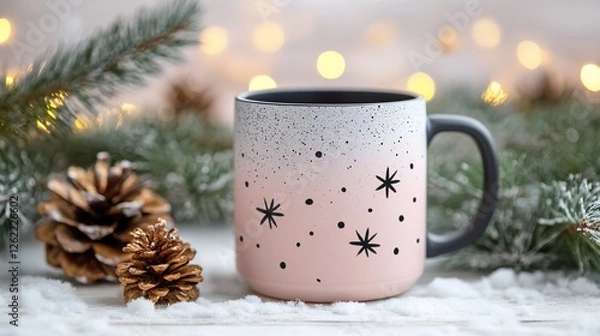 Fototapeta Cozy Winter Mug with Pine Cones and Festive Lights