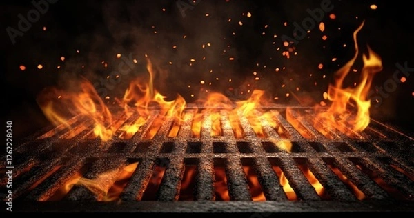 Obraz Fiery BBQ grill, glowing embers, dark background, food prep
