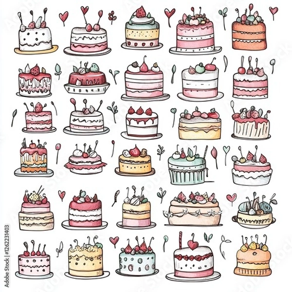 Fototapeta Hand drawn watercolor cake doodles perfect for bakery menus websites and blogs