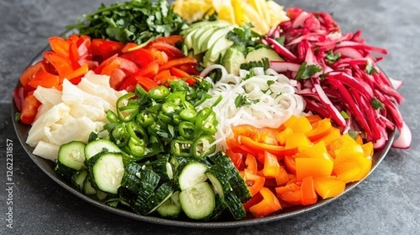 Fototapeta Vibrant assortment of fresh colorful vegetables and rice noodles arranged on a dark plate