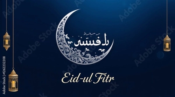 Fototapeta Silhouetted Eid-ul-Fitr Greeting with Crescent Moon and Lanterns