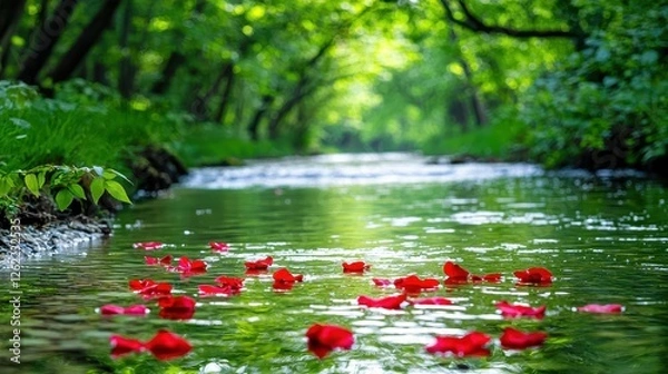 Obraz Red rose petals float gently on a tranquil forest stream