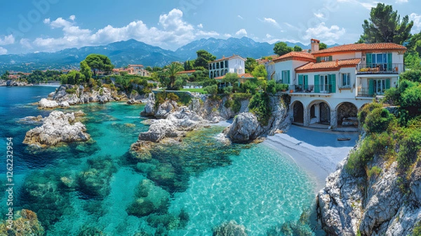 Fototapeta Experience a panoramic view of the dramatic cliffs and sparkling bays of the Côte d'Azur, where luxurious villas and turquoise waters paint an epic and highly detailed seaside portrait of France’s sou
