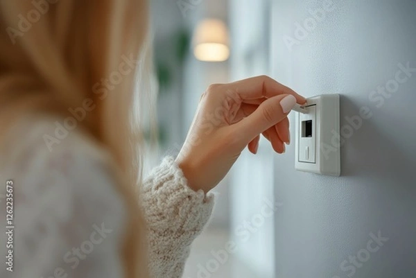 Obraz Woman putting on or removing electric plug cable in socket, closeup. Electrical equipment wires and power strips on the wall, Generative AI