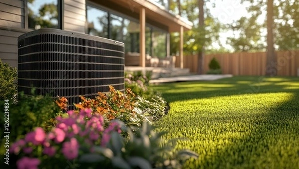Obraz Modern Air Conditioning Unit in a Lush Backyard