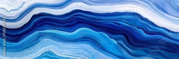 Fototapeta A horizontal banner featuring baby blue, midnight blue, and dark turquoise hues, with dynamic curved lines and fluid waves, has been designed to move
