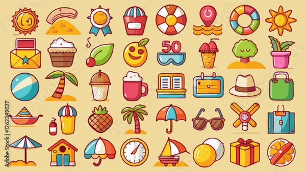 Fototapeta Colorful beach icon vector such as sailboats, beach balls, sun, waves, and more. Perfect for web design, mobile apps, promotional materials, or infographic