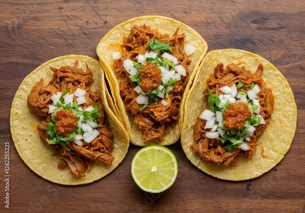Obraz Shredded Meat Tacos on Wooden Surface