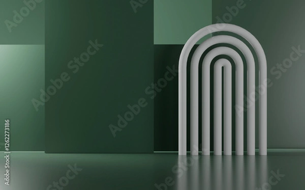 Obraz Modern architectural design featuring a series of arches in a green-toned minimalist space. 3d