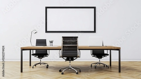 Fototapeta Modern minimalist office interior design with three chairs, a desk, and a blank frame on the wall.