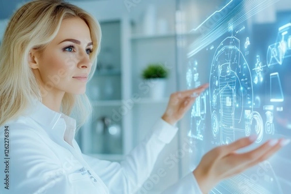 Obraz Young Woman Analyzing Digital Data On Display Screen