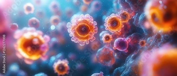 Fototapeta Vibrant 3D Rendering of Diverse Microorganisms in Fluid