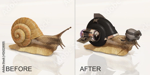 Obraz snail, before and after upgrade, 3d rendering