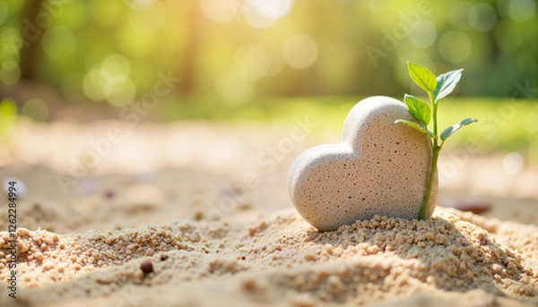 Obraz Heart-shaped stone with a small plant growing in sandy soil, symbolizing gratitude
