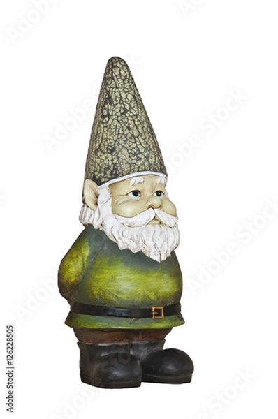 Fototapeta Closeup of Gnome with sparkled hat and green suit with no background. View from partial side profile/Gnome in green suit on isolated background from side view