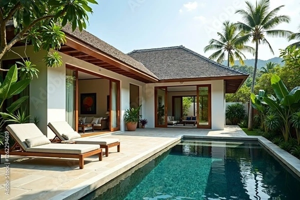 Fototapeta Minimalist tropical villa with pool and garden, embodying serene simplicity and harmony.