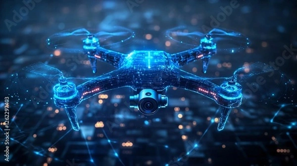 Fototapeta Smart blue holographic drone with camera, visualizing AI-driven disaster response coordination and advanced aerial monitoring capabilities.