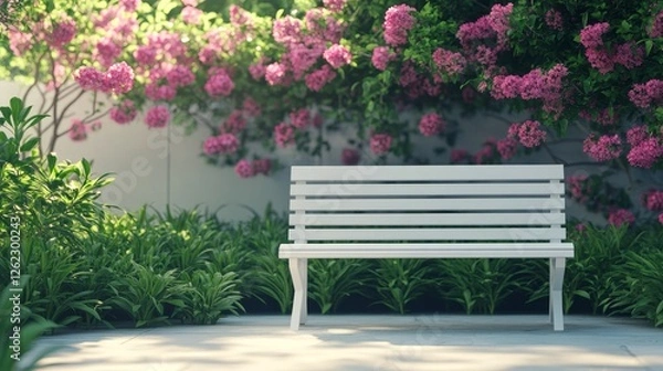 Fototapeta A white bench sits in a garden with pink flowers in the background. The bench is empty and surrounded by greenery