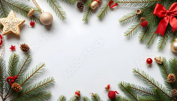 Fototapeta Christmas flat lay styled scene - top view frame with evergreen tree twigs and decorations. with white shades