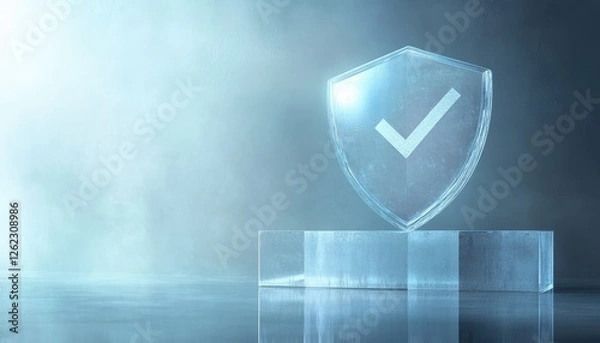 Obraz A glowing shield icon with a checkmark symbolizes security and protection, set against a misty background.