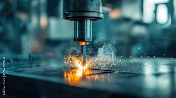 Fototapeta High tech aluminum forging scene featuring robust machinery and sparks