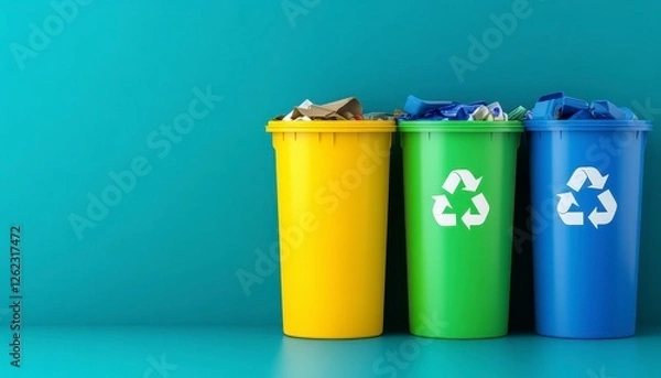 Obraz Colorful Recycling Bins Against Teal Background