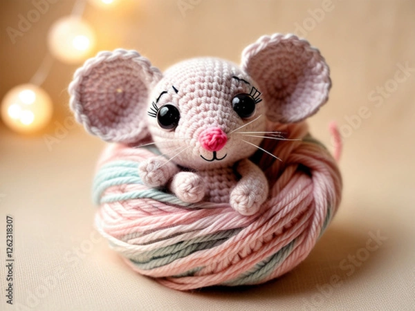 Fototapeta The face of the cute crochet mouse doll is smiling.