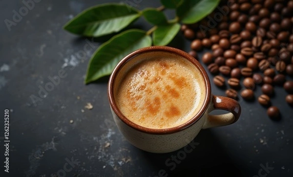 Fototapeta Fresh coffee cup with beans and leaves
