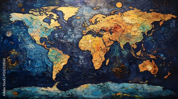 Fototapeta A map of the world, with an ocean between continents and land, is depicted on blue paper
