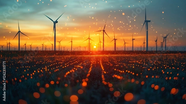 Fototapeta Wind Farm with High Tech Transmission of renewable energy sources Sparkling Field, A breathtaking landscape at sunrise featuring a wind farm, set against a vibrant orange and blue sky.