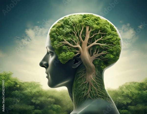 Fototapeta nature, head, face, motivation, oxygen, connection, graphic, profile, ai, life, biology, education, efficiency, fantasy, future, globe, sustainable, responsibility, breath, dream, freedom, 