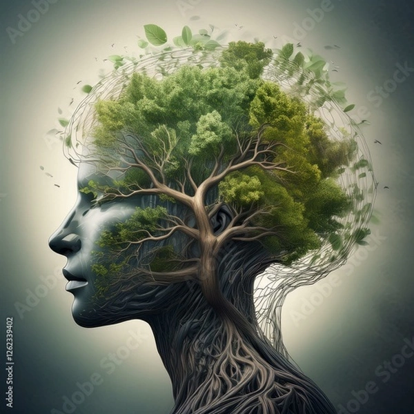 Fototapeta head, nature, person, face, sustainability, eco, serenity, spa, thought, thoughtful, tranquility, transformation, world, alzheimer, cognitive, consciousness, daydreaming, bio, anxiety, aspirations