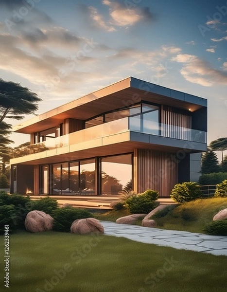Fototapeta house, modern, luxury, design, home, exterior, minimalist, porch, renovation, sale, build, pool, broker, rent, sell, stylish, buy, developer, exotic, fashionable, neighbourhood, three dimensional